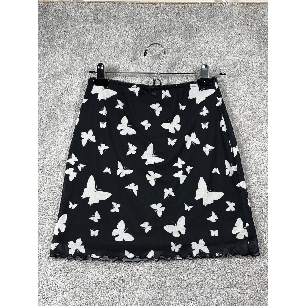 Wild Fable Womens Small Black White Butterfly Mesh Mini Skirt Lettuce Hem Y2K